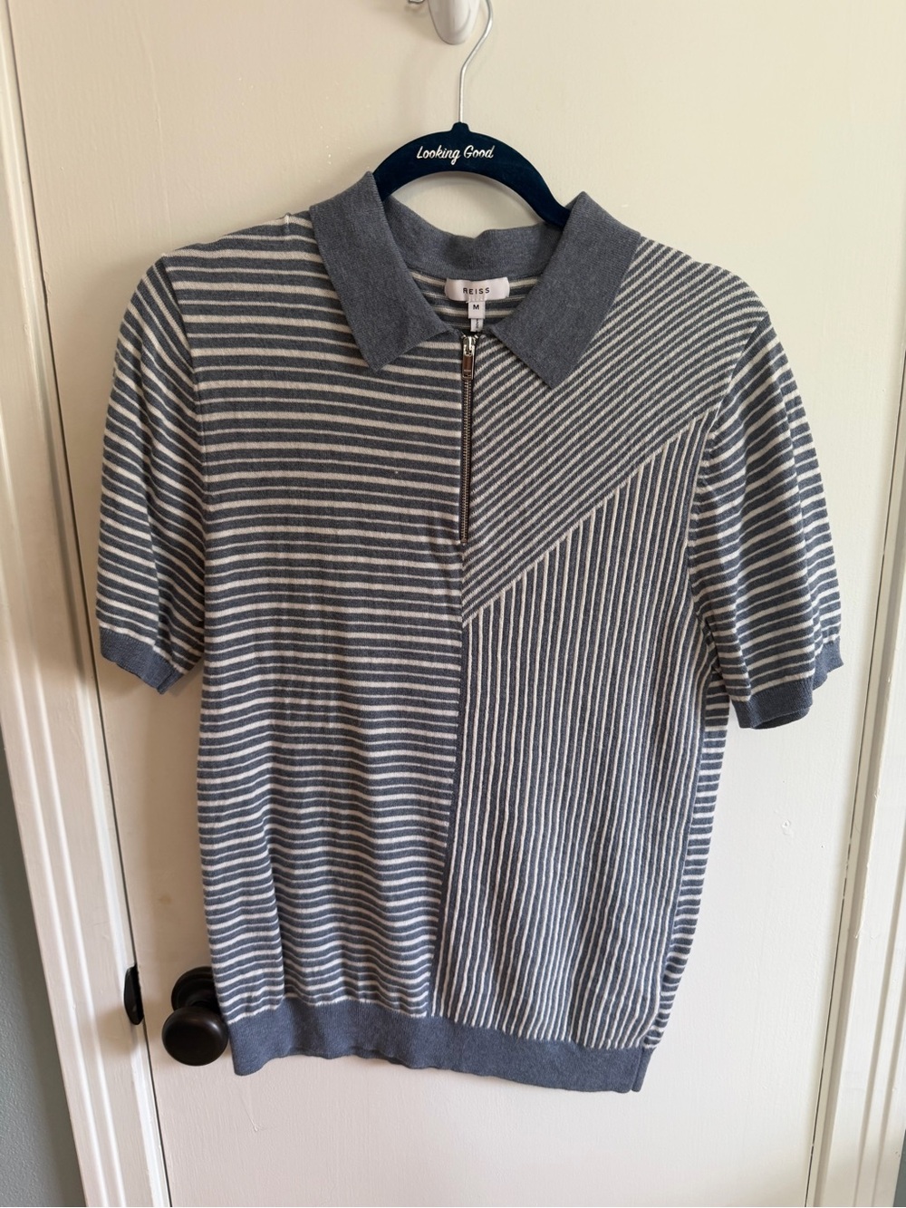 Reiss Gray and White Striped Zip Polo